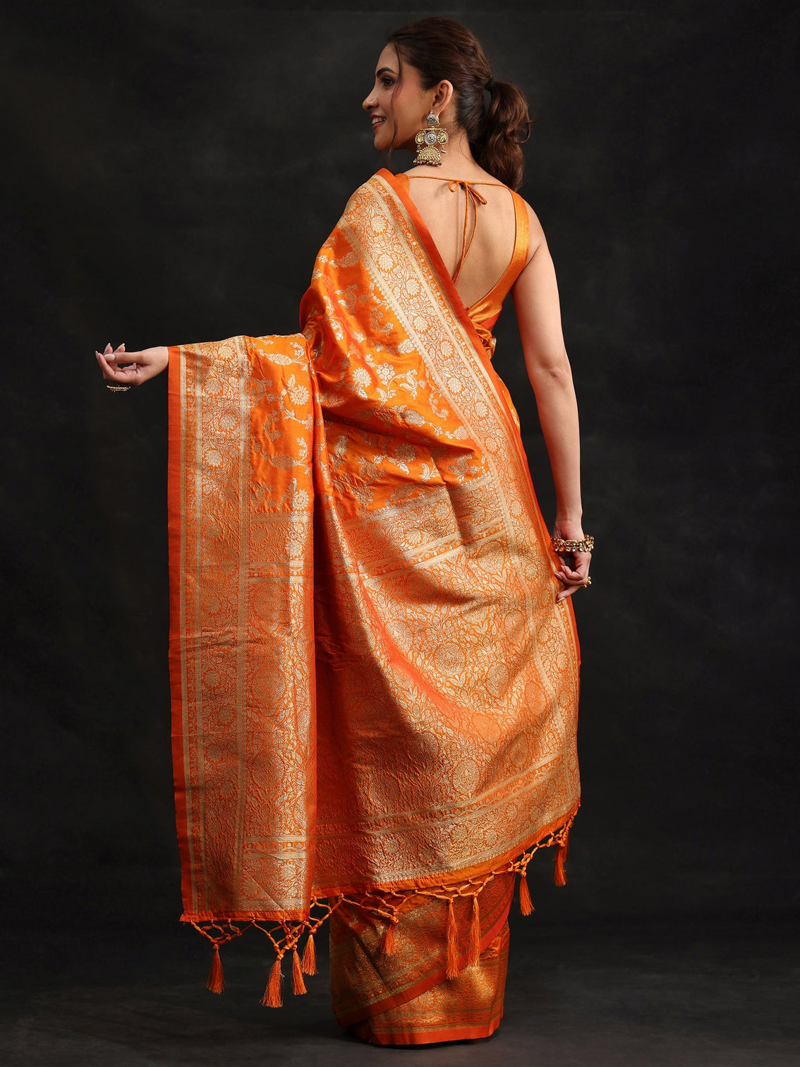 Mameraa Orange Banarasi Silk Blend Saree
