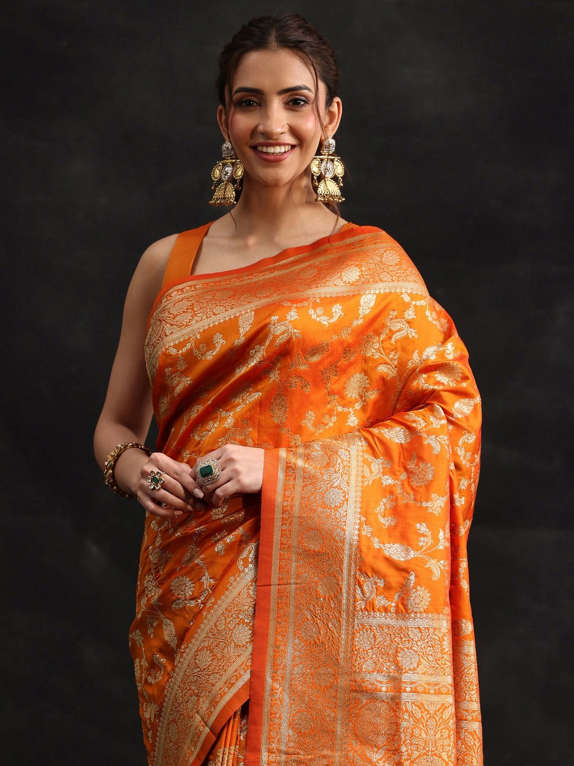 Mameraa Orange Banarasi Silk Blend Saree