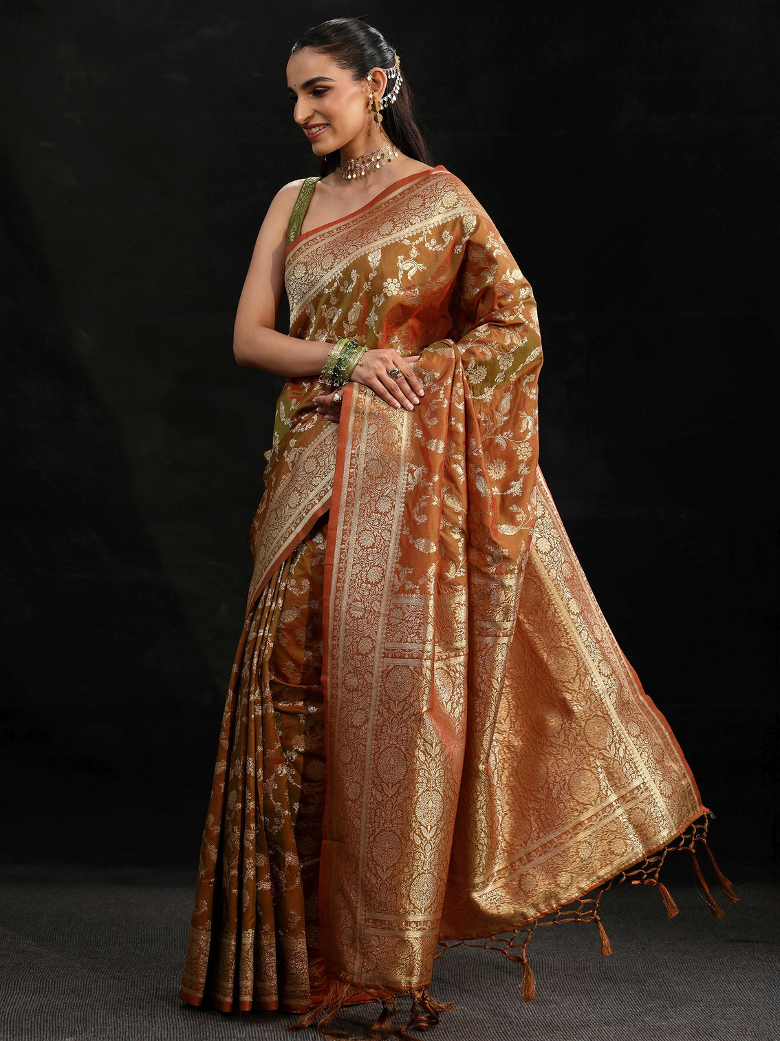 Mameraa Rust Brown Banarasi Silk Blend Saree