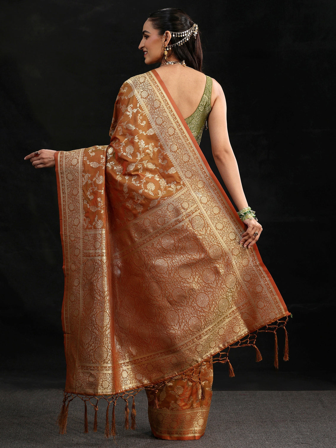Mameraa Rust Brown Banarasi Silk Blend Saree