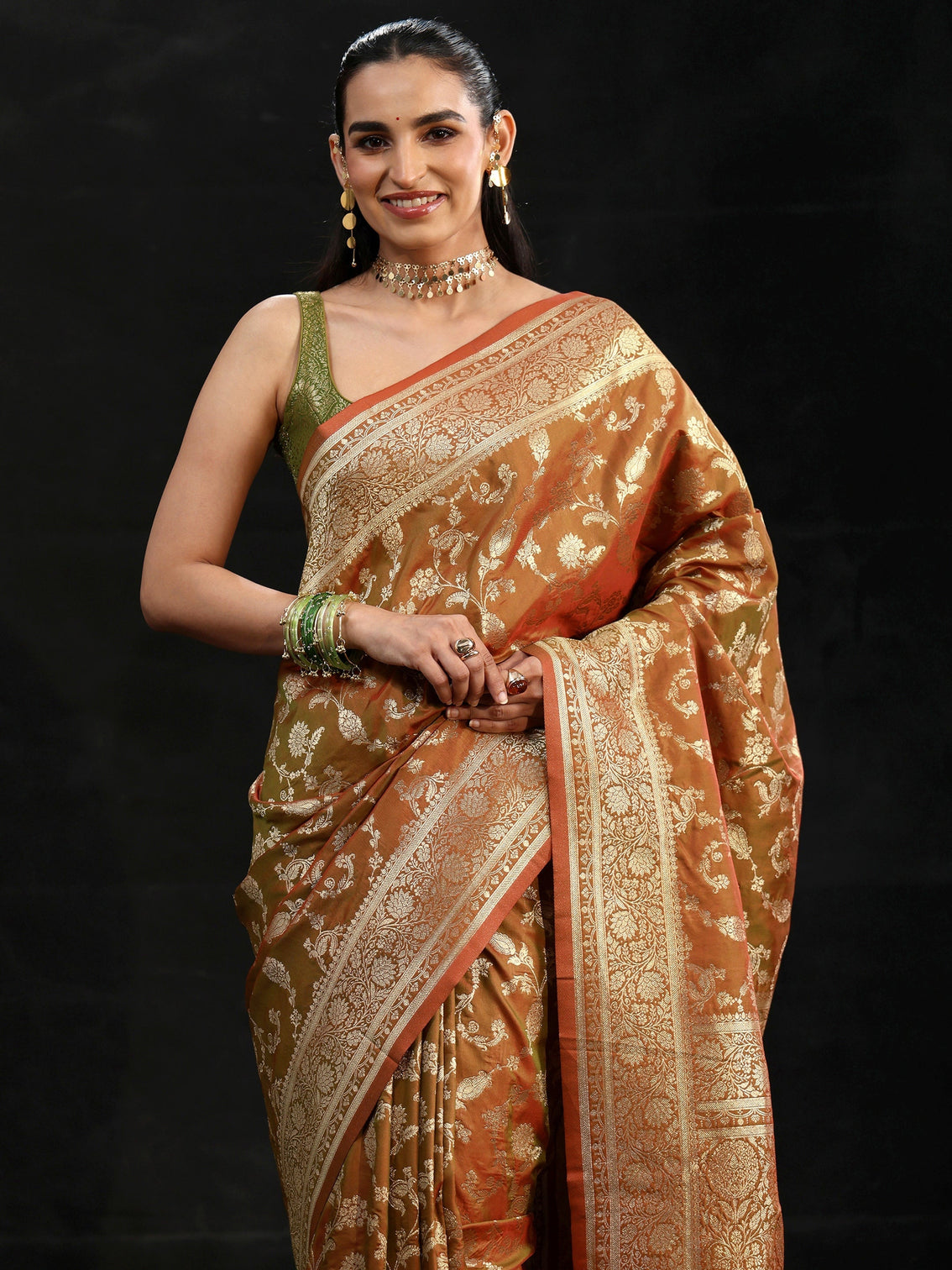Mameraa Rust Brown Banarasi Silk Blend Saree