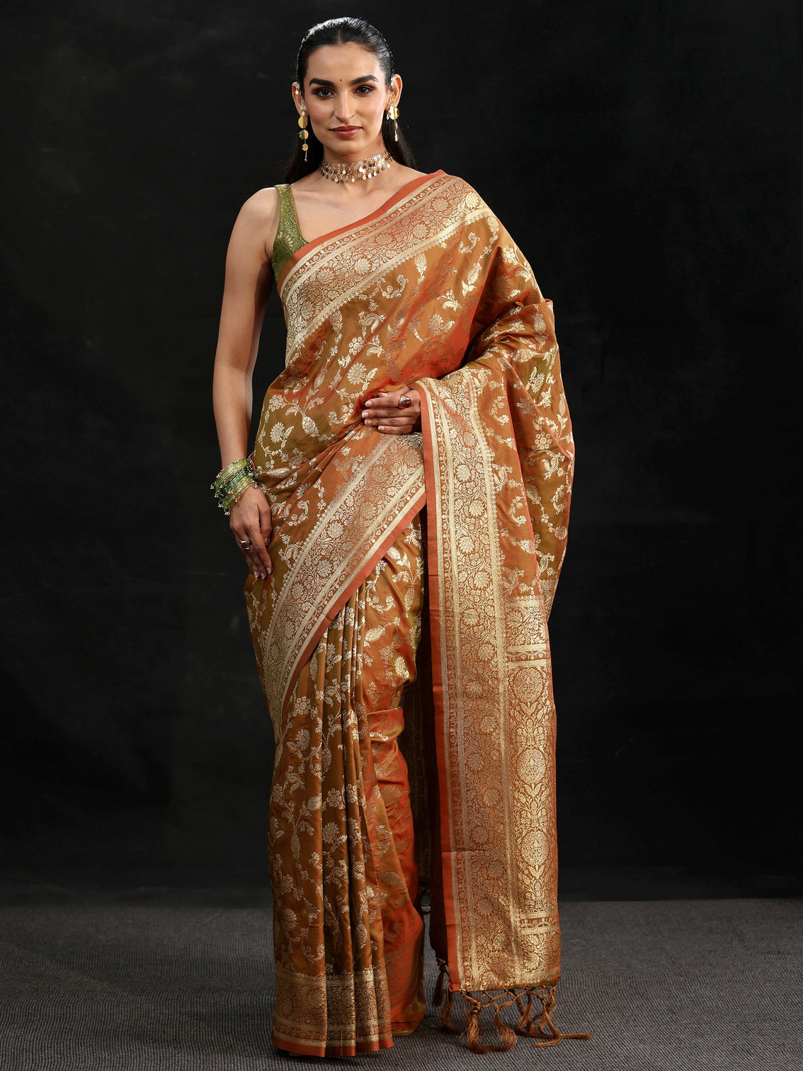 Mameraa Rust Brown Banarasi Silk Blend Saree
