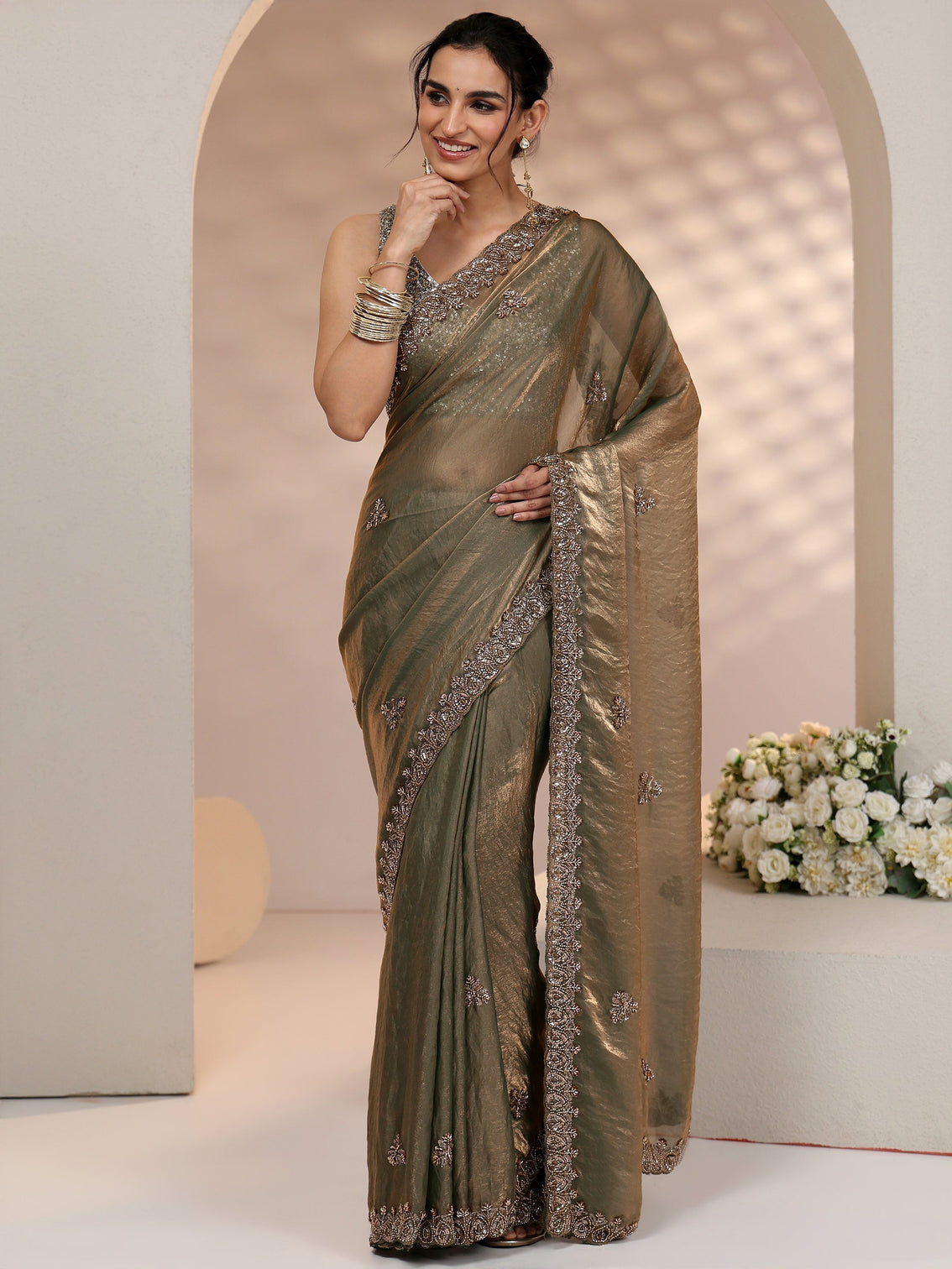 Mameraa Metallic Olive Green Embellished Tissue Saree