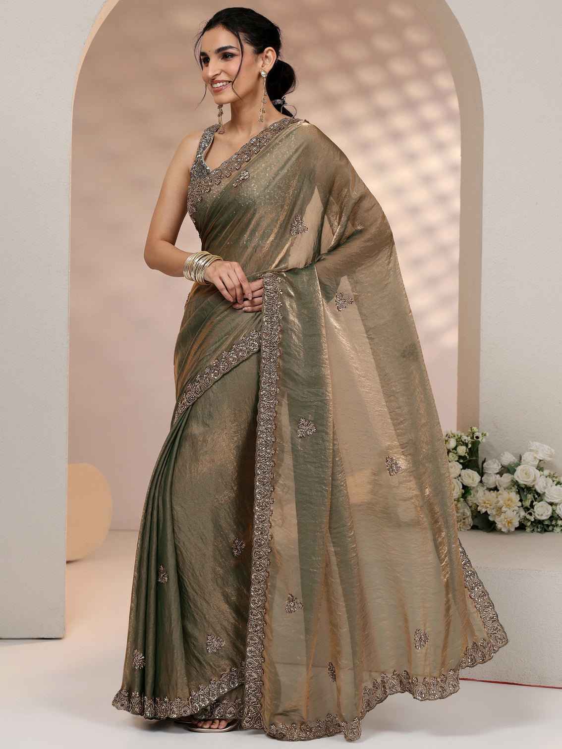 Mameraa Metallic Olive Green Embellished Tissue Saree