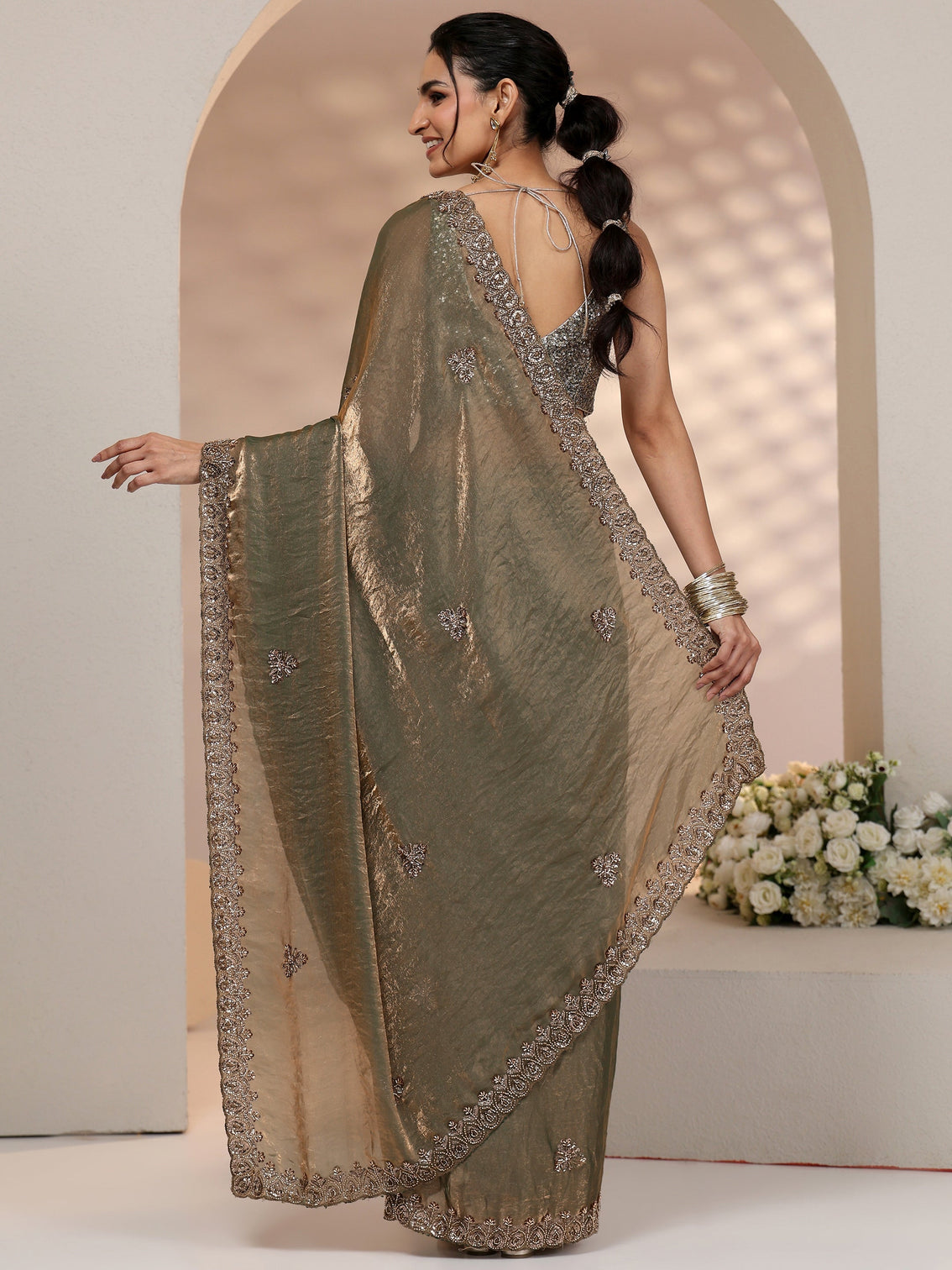 Mameraa Metallic Olive Green Embellished Tissue Saree