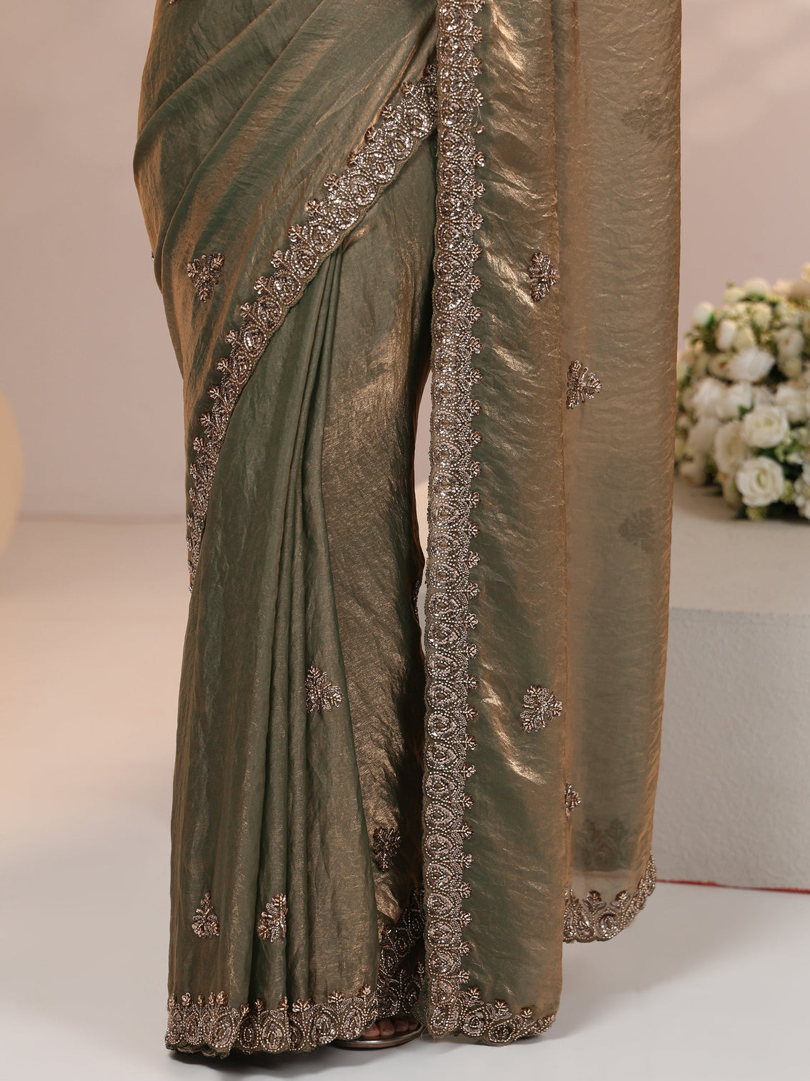 Mameraa Metallic Olive Green Embellished Tissue Saree