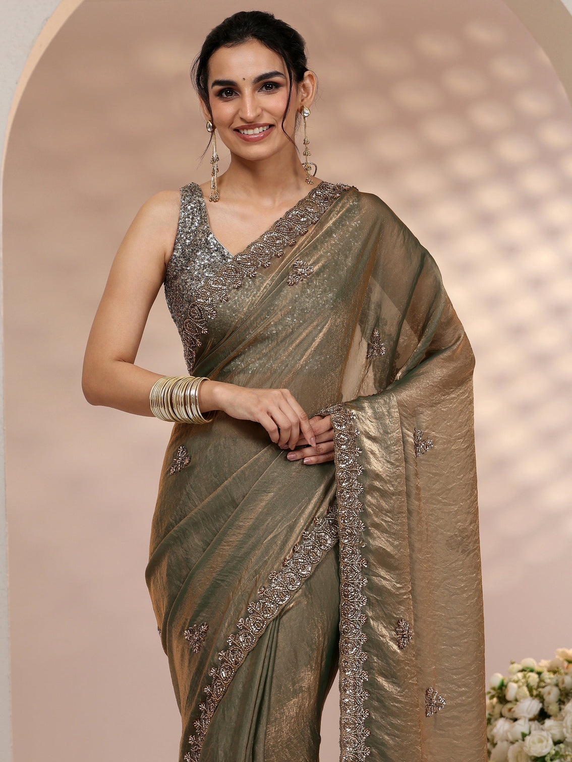Mameraa Metallic Olive Green Embellished Tissue Saree