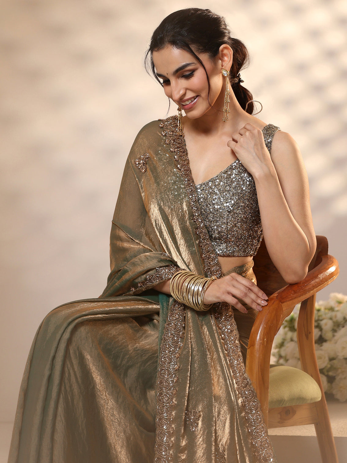 Mameraa Metallic Olive Green Embellished Tissue Saree