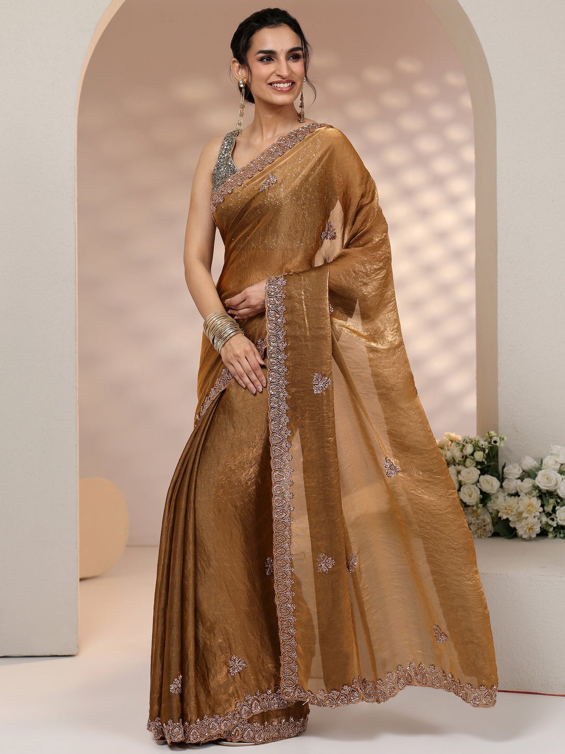 Mameraa Brown Embellished Tissue Saree