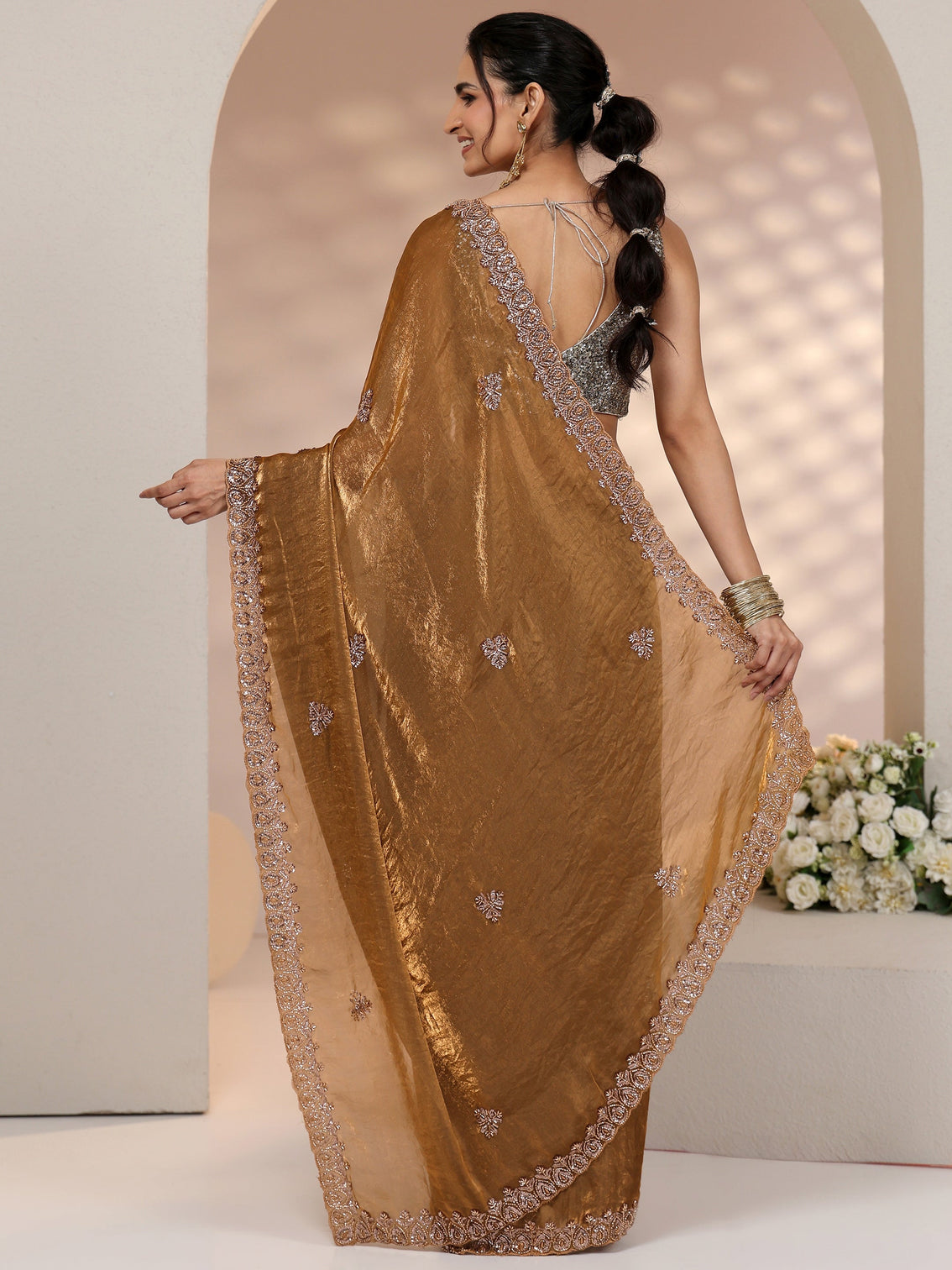 Mameraa Brown Embellished Tissue Saree