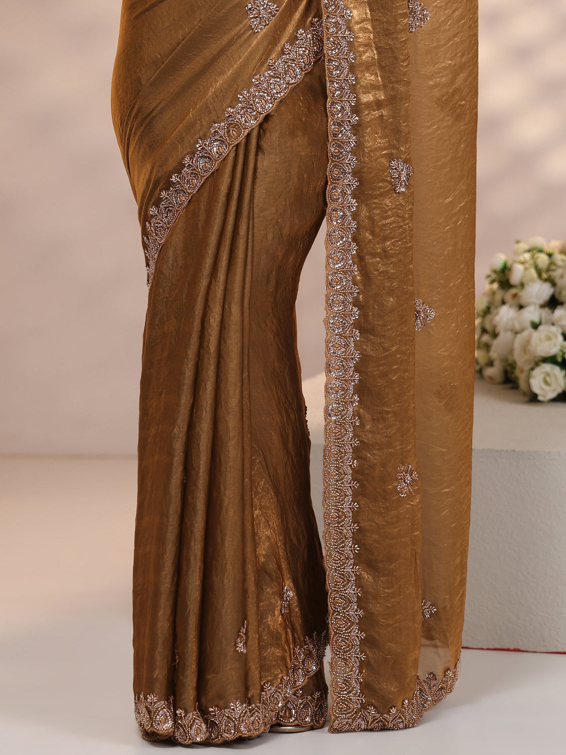 Mameraa Brown Embellished Tissue Saree