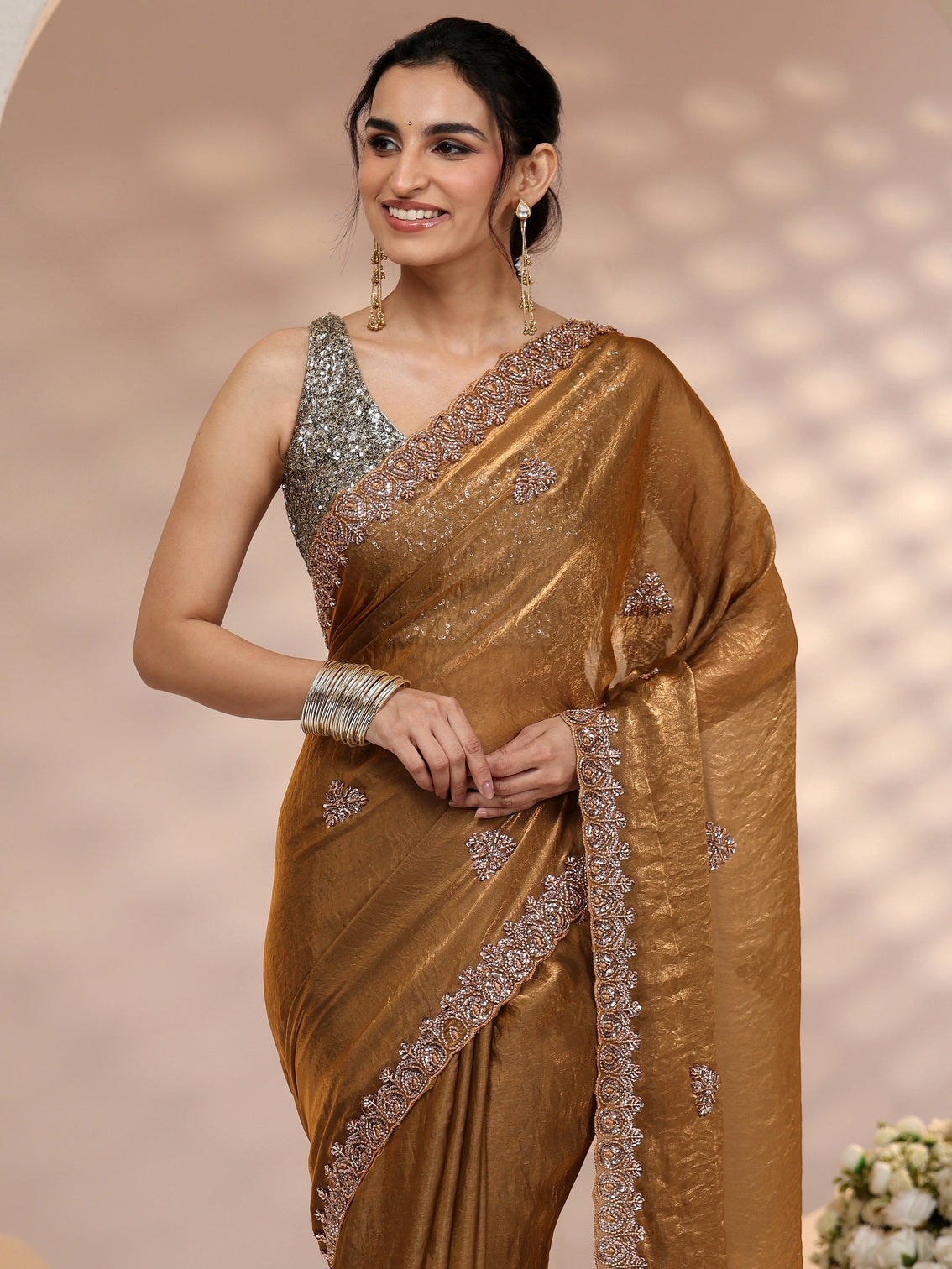 Mameraa Brown Embellished Tissue Saree