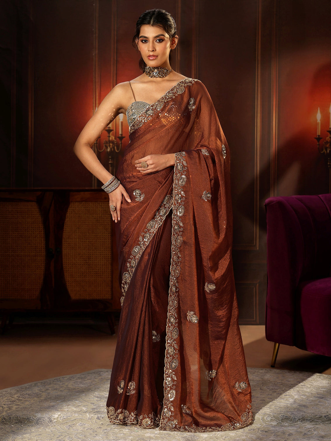 Mameraa Art Rust Brown Embellished Tissue Saree
