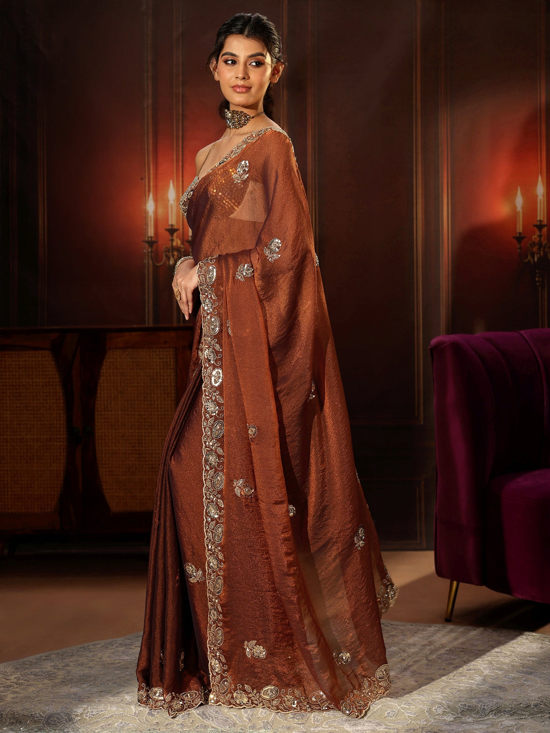 Mameraa Art Rust Brown Embellished Tissue Saree