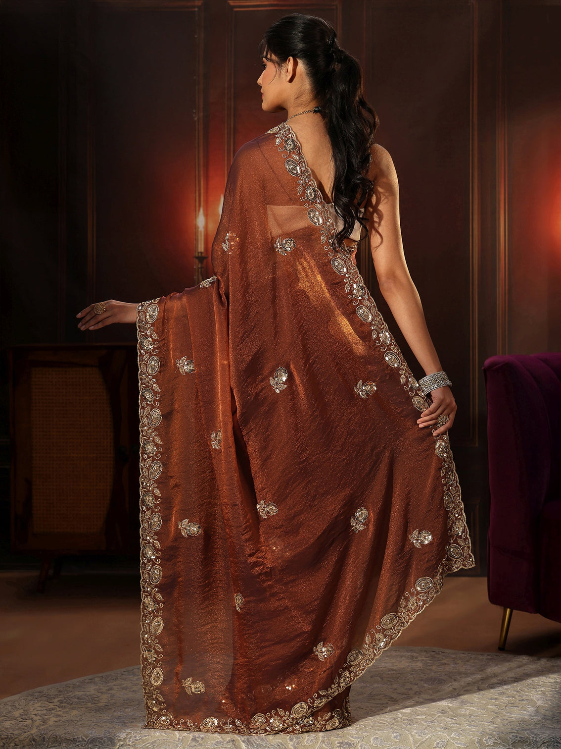 Mameraa Art Rust Brown Embellished Tissue Saree
