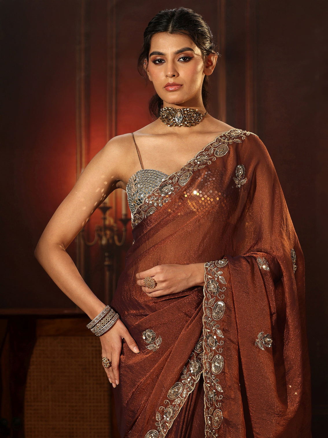 Mameraa Art Rust Brown Embellished Tissue Saree