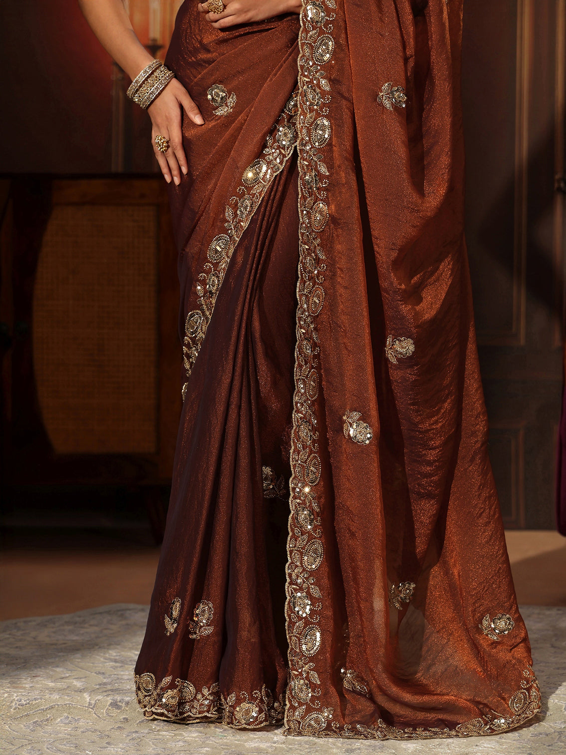 Mameraa Art Rust Brown Embellished Tissue Saree