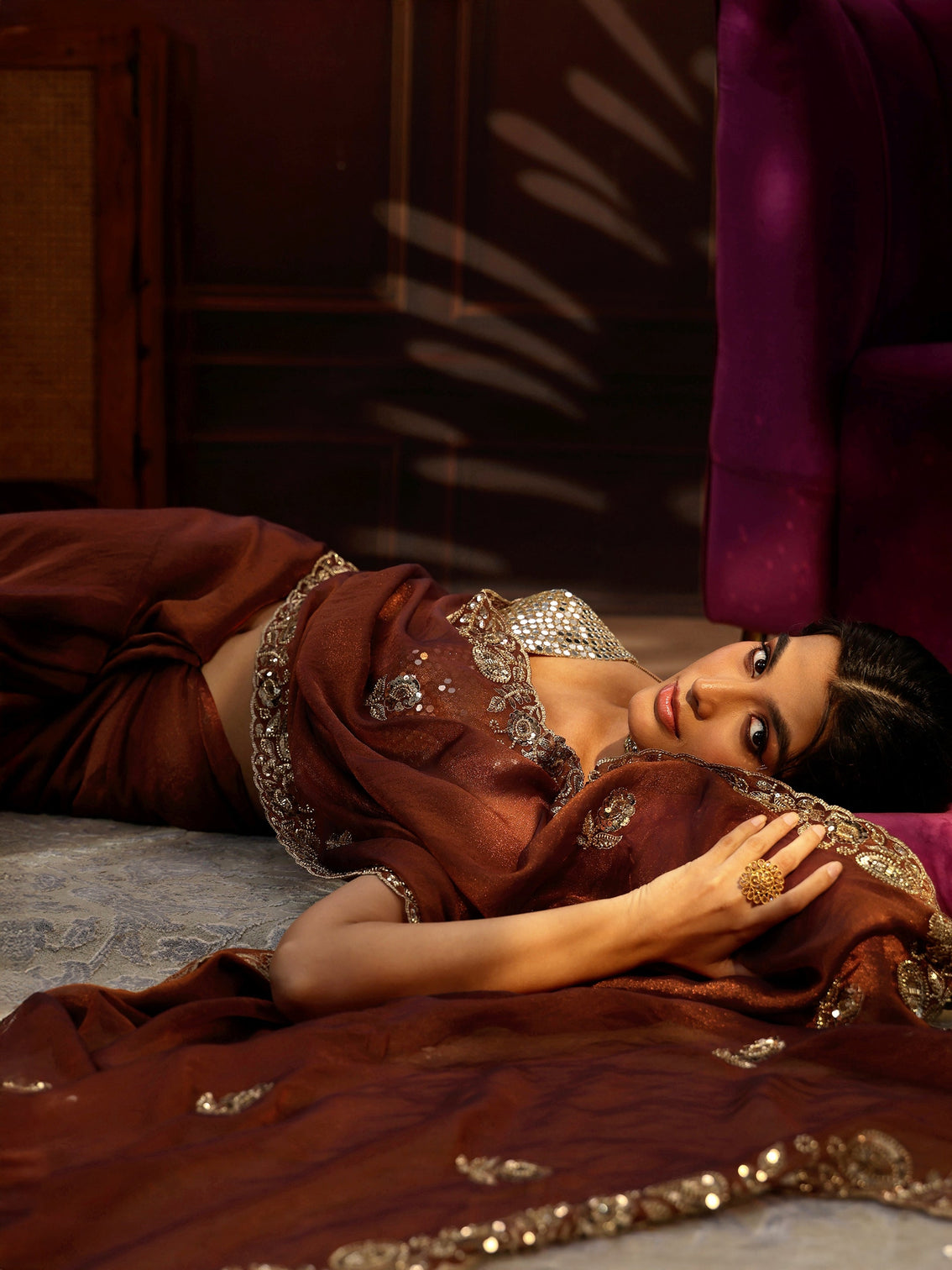 Mameraa Art Rust Brown Embellished Tissue Saree