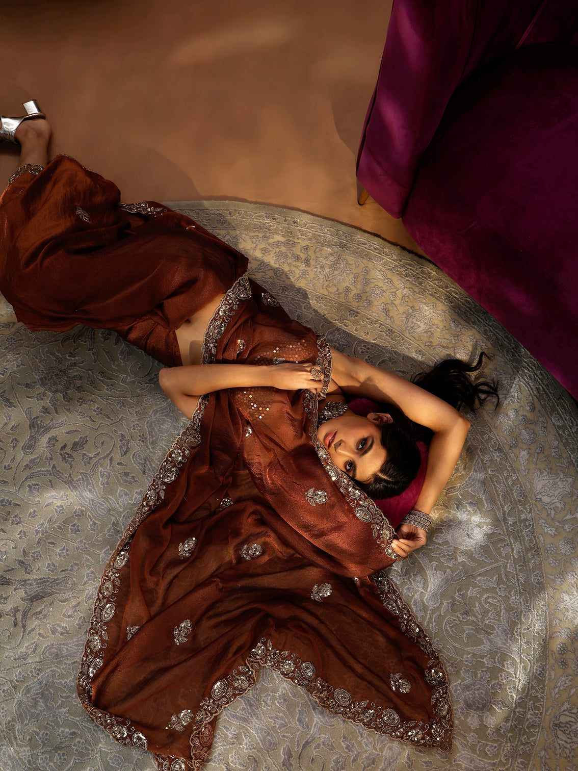 Mameraa Art Rust Brown Embellished Tissue Saree