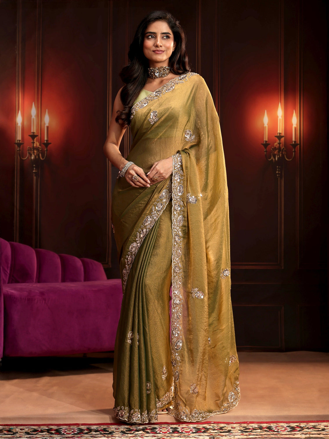Mameraa Art Henna Green Floral Embellished Tissue Saree