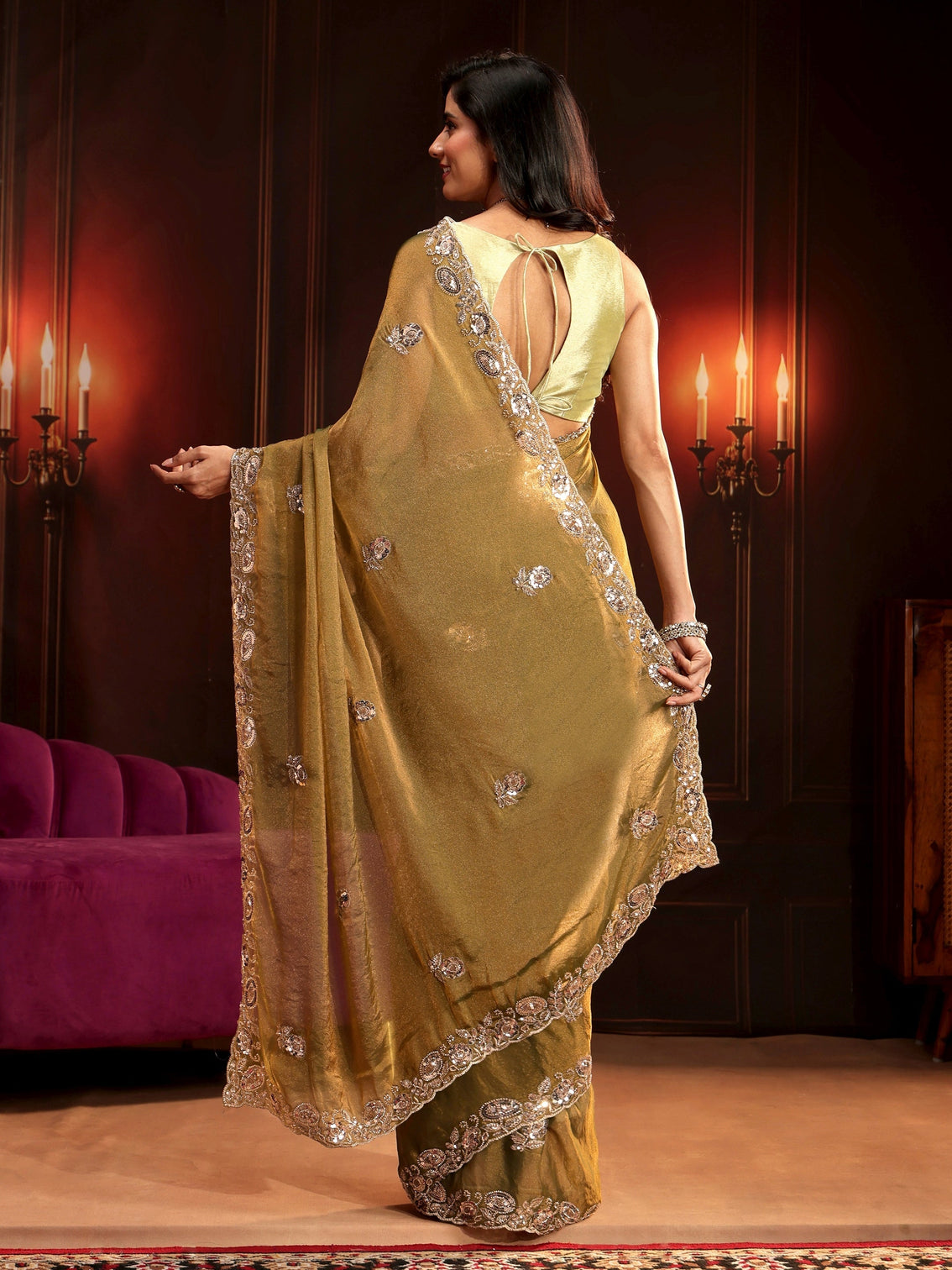 Mameraa Art Henna Green Floral Embellished Tissue Saree