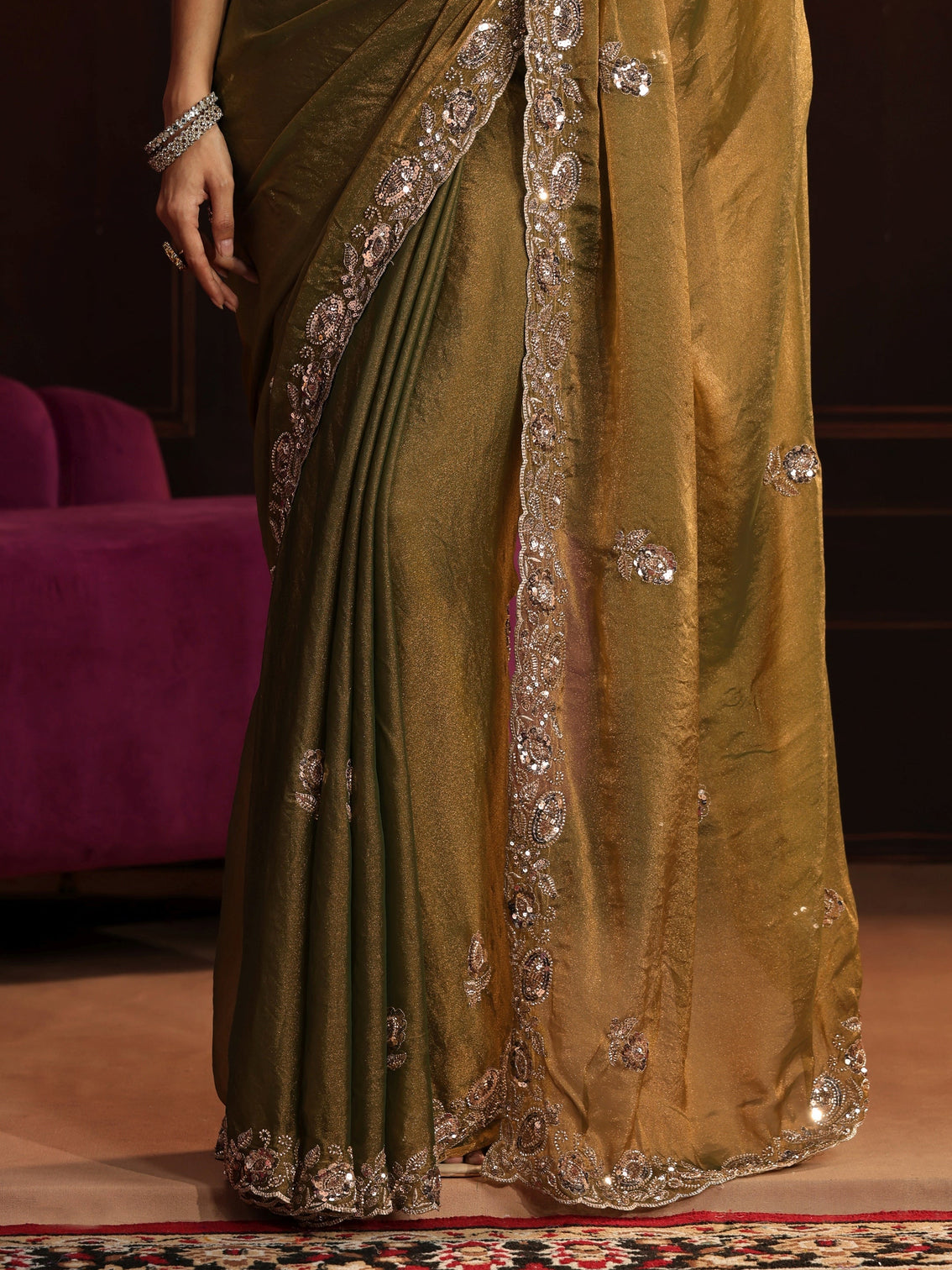 Mameraa Art Henna Green Floral Embellished Tissue Saree