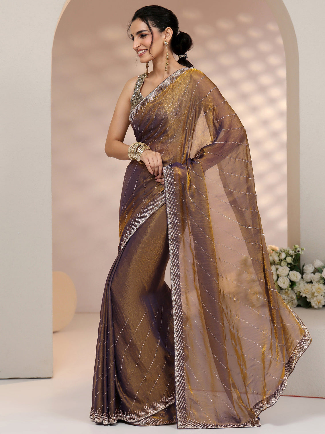 Mameraa Lavender Stone Work Striped Embellished Tissue Saree