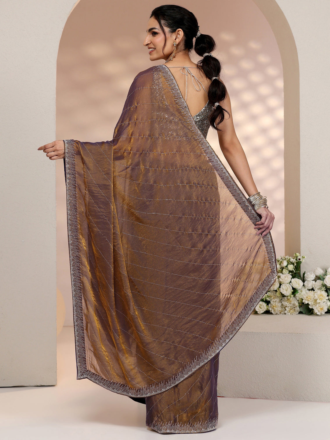 Mameraa Lavender Stone Work Striped Embellished Tissue Saree