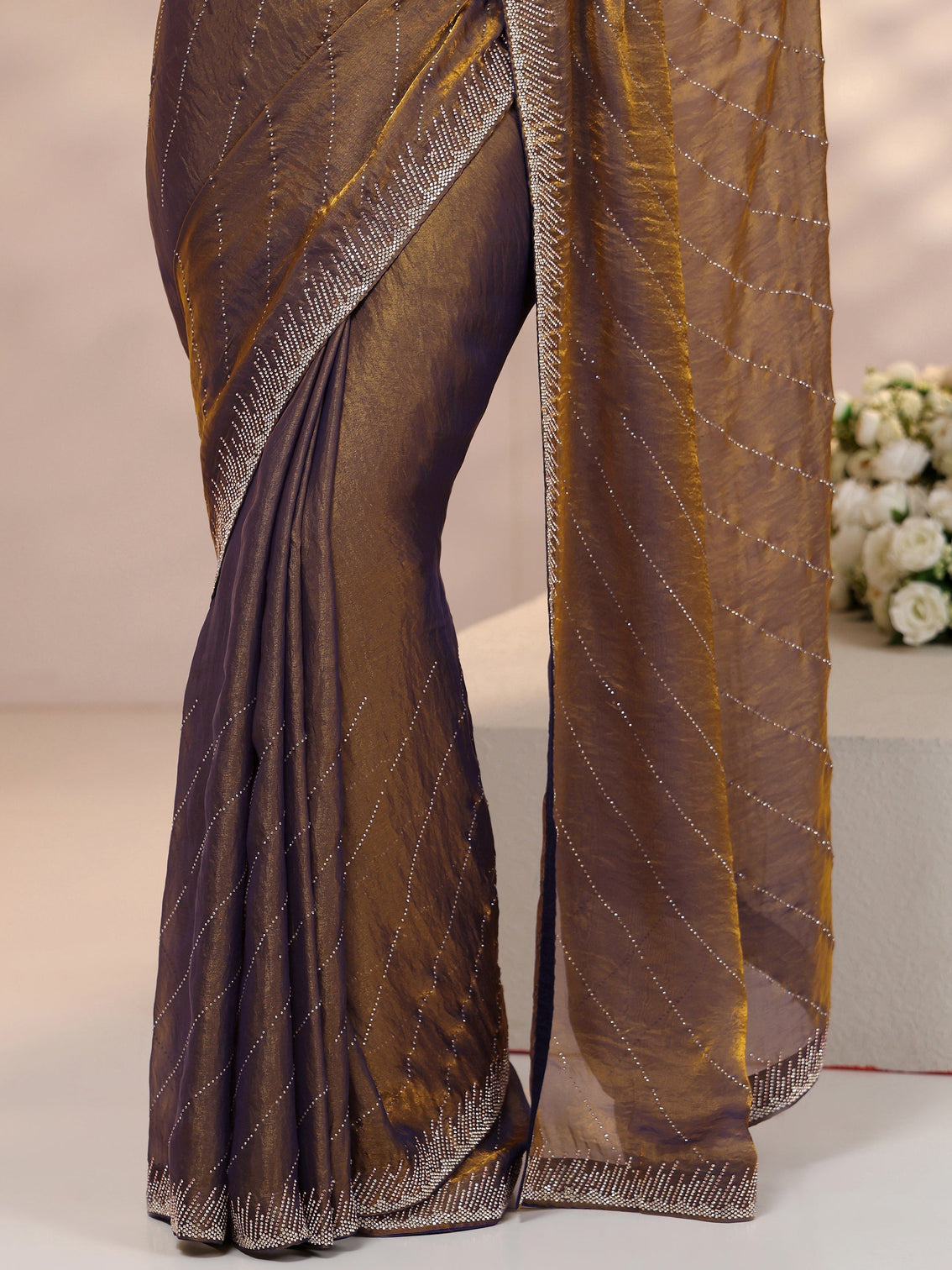 Mameraa Lavender Stone Work Striped Embellished Tissue Saree