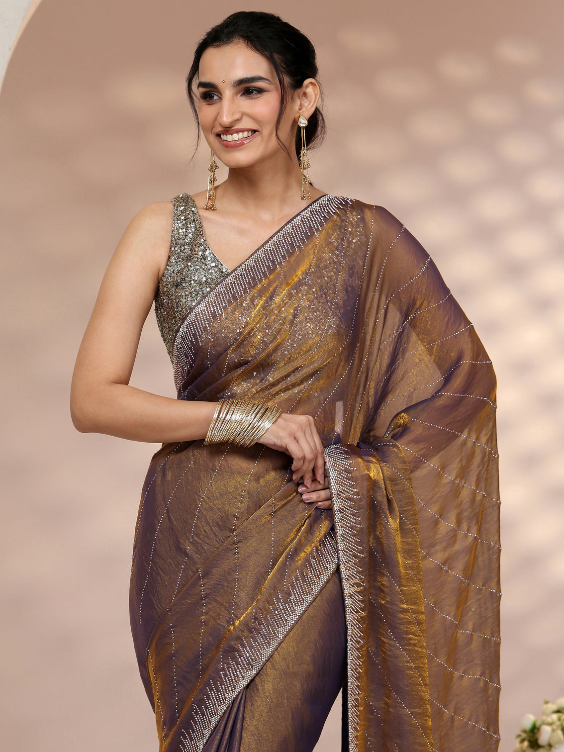 Mameraa Lavender Stone Work Striped Embellished Tissue Saree