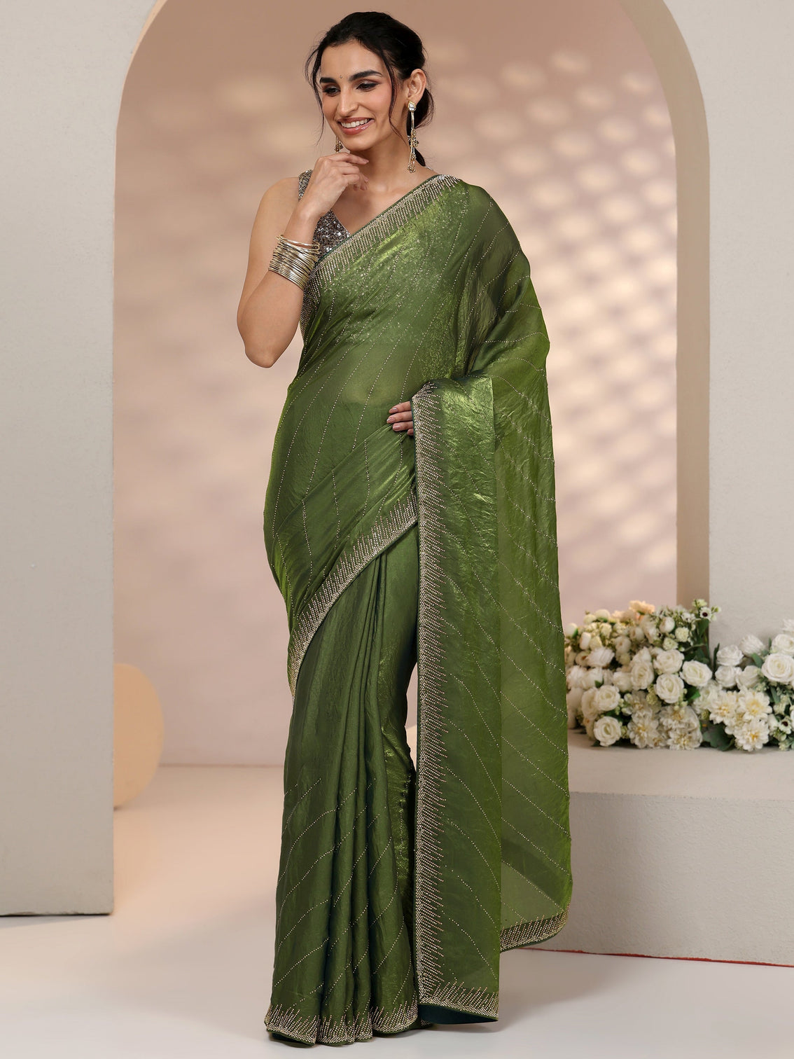 Mameraa Olive Green Stone Work Striped Embellished Tissue Saree