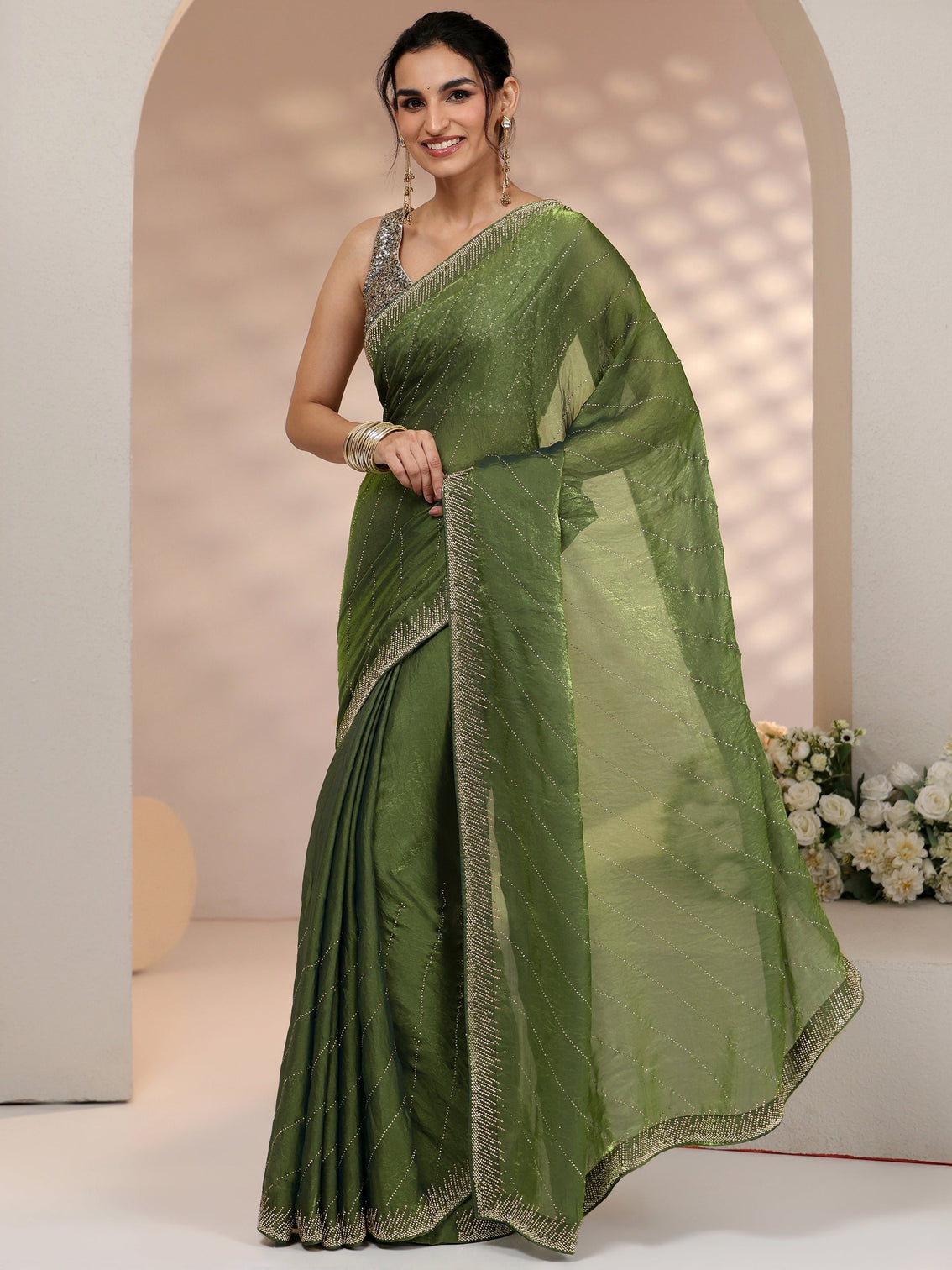 Mameraa Olive Green Stone Work Striped Embellished Tissue Saree