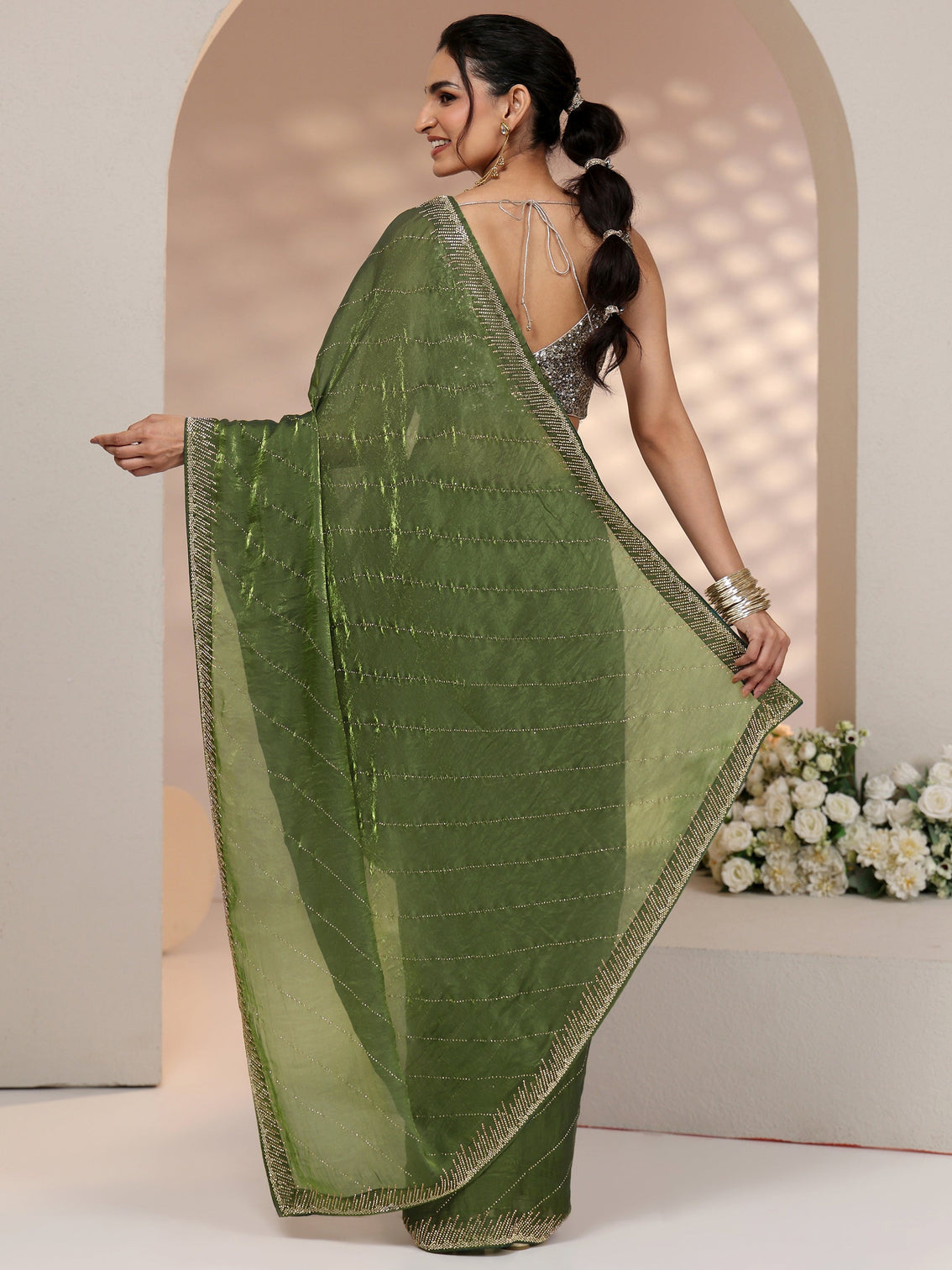Mameraa Olive Green Stone Work Striped Embellished Tissue Saree