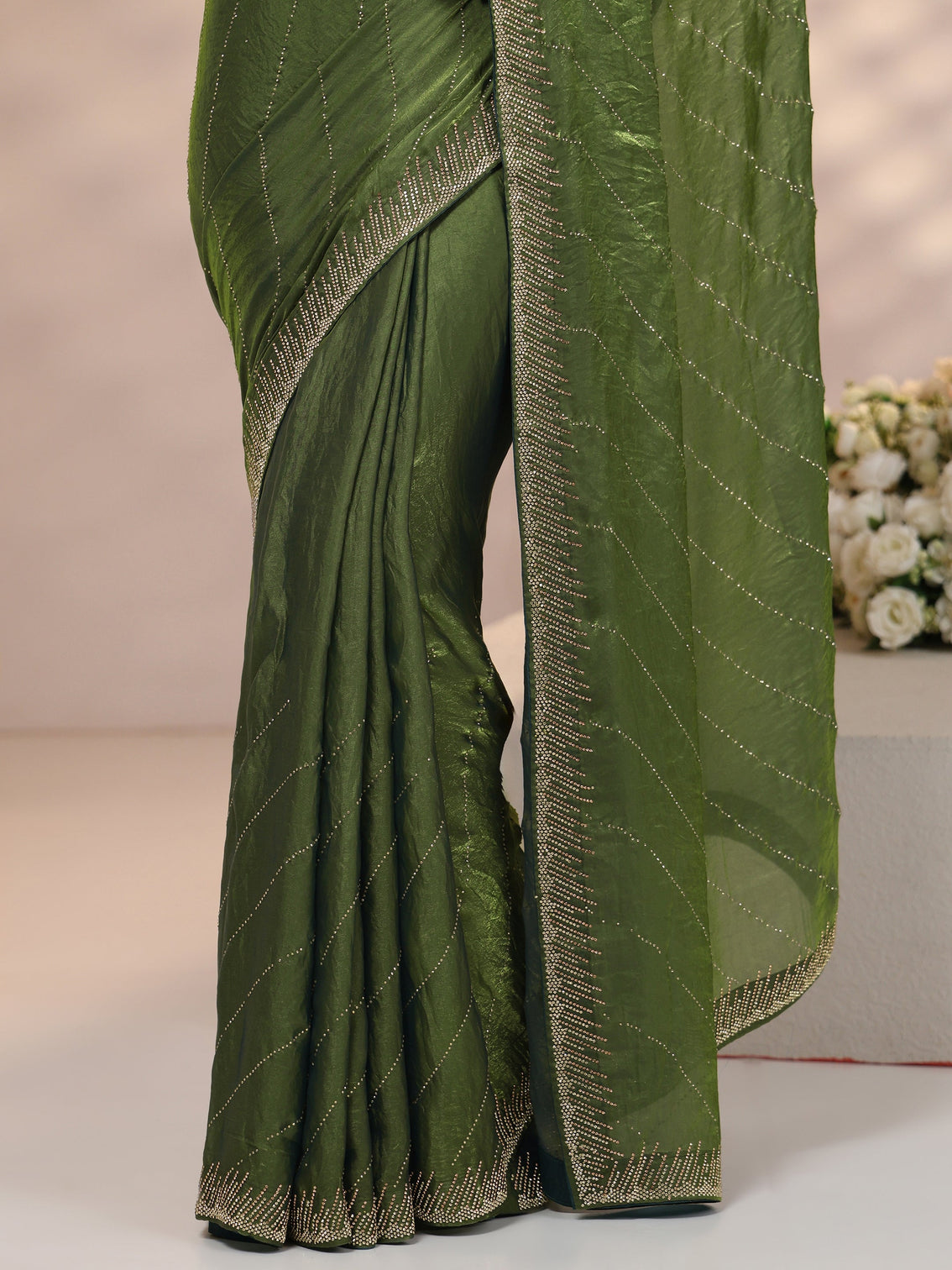 Mameraa Olive Green Stone Work Striped Embellished Tissue Saree