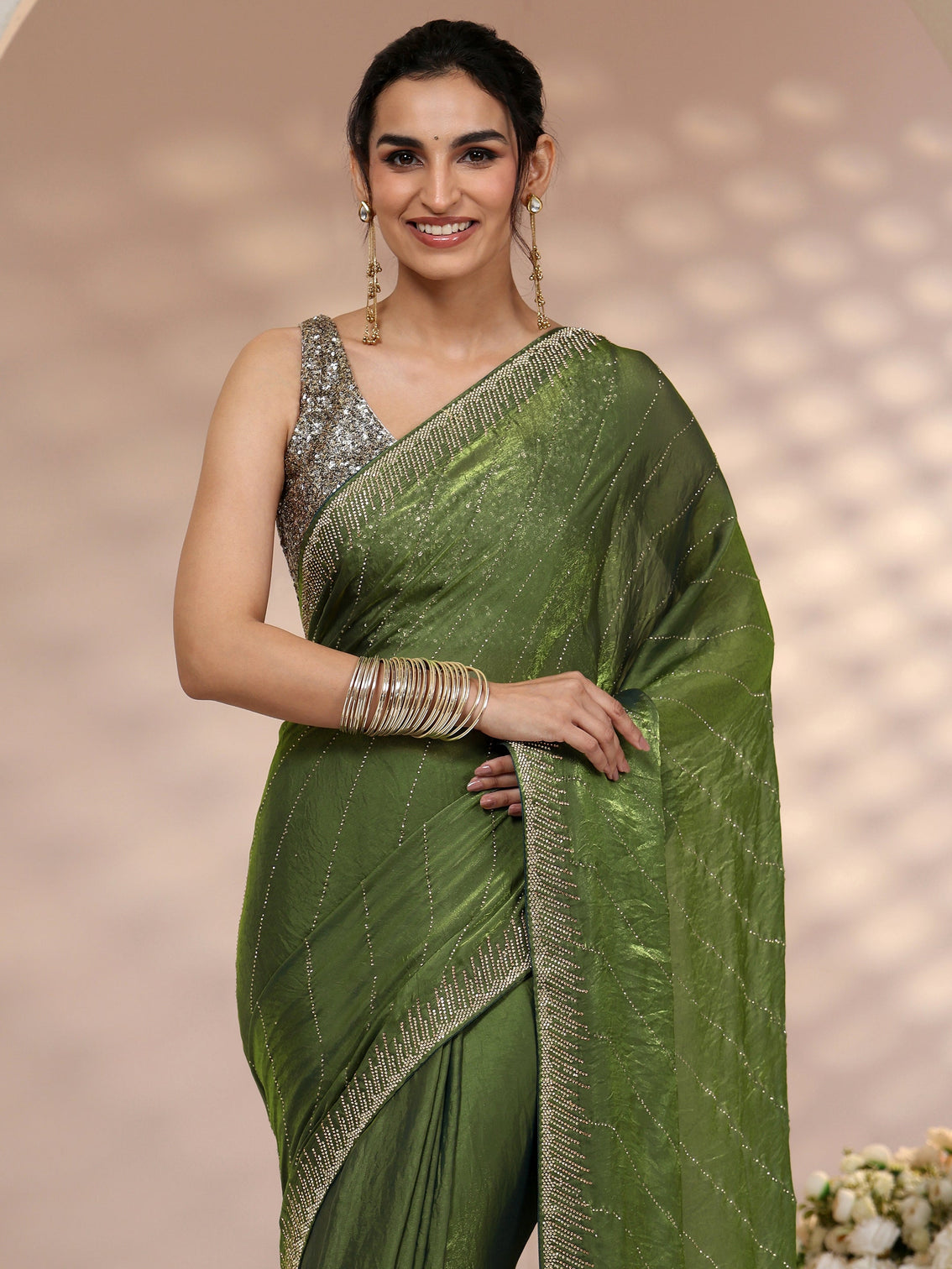 Mameraa Olive Green Stone Work Striped Embellished Tissue Saree