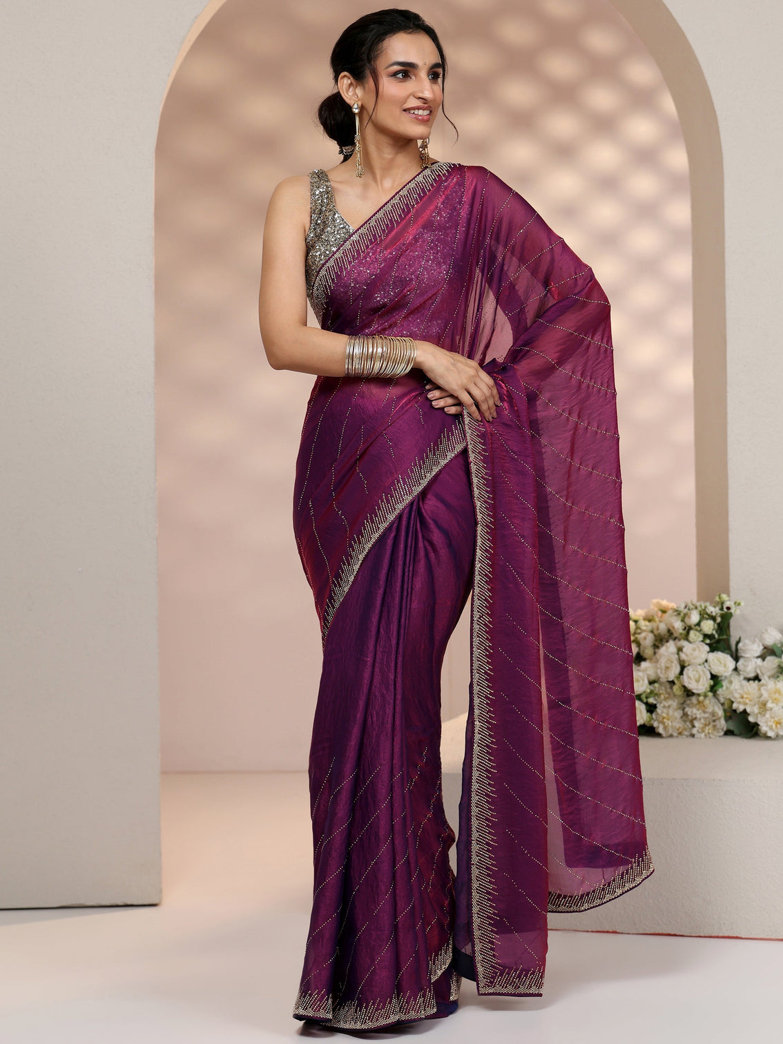 Mameraa Plum Purple Stone Work Striped Embellished Tissue Saree