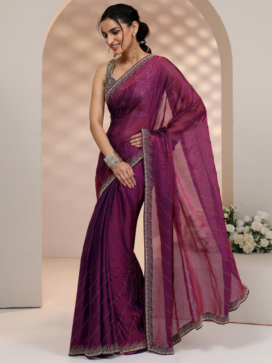 Mameraa Plum Purple Stone Work Striped Embellished Tissue Saree