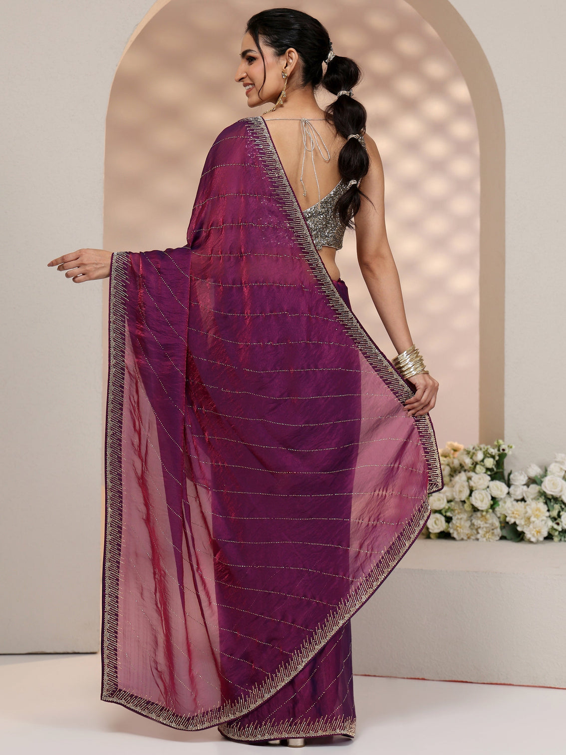Mameraa Plum Purple Stone Work Striped Embellished Tissue Saree