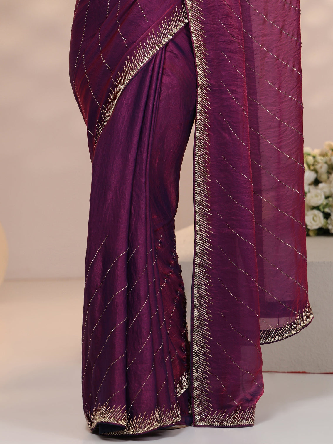 Mameraa Plum Purple Stone Work Striped Embellished Tissue Saree