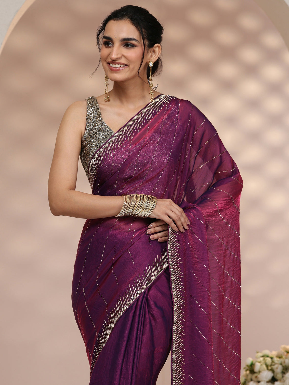 Mameraa Plum Purple Stone Work Striped Embellished Tissue Saree