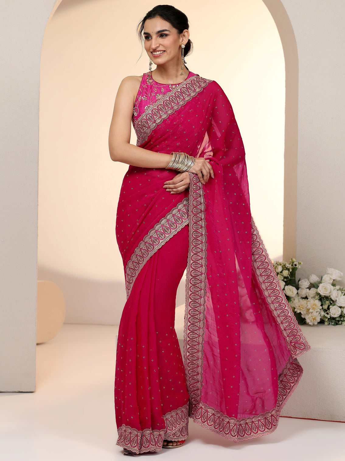 Mameraa Fuchsia Pink Stone Work Striped Embellished Tissue Saree