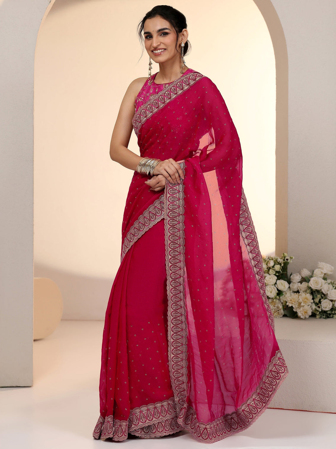 Mameraa Fuchsia Pink Stone Work Striped Embellished Tissue Saree