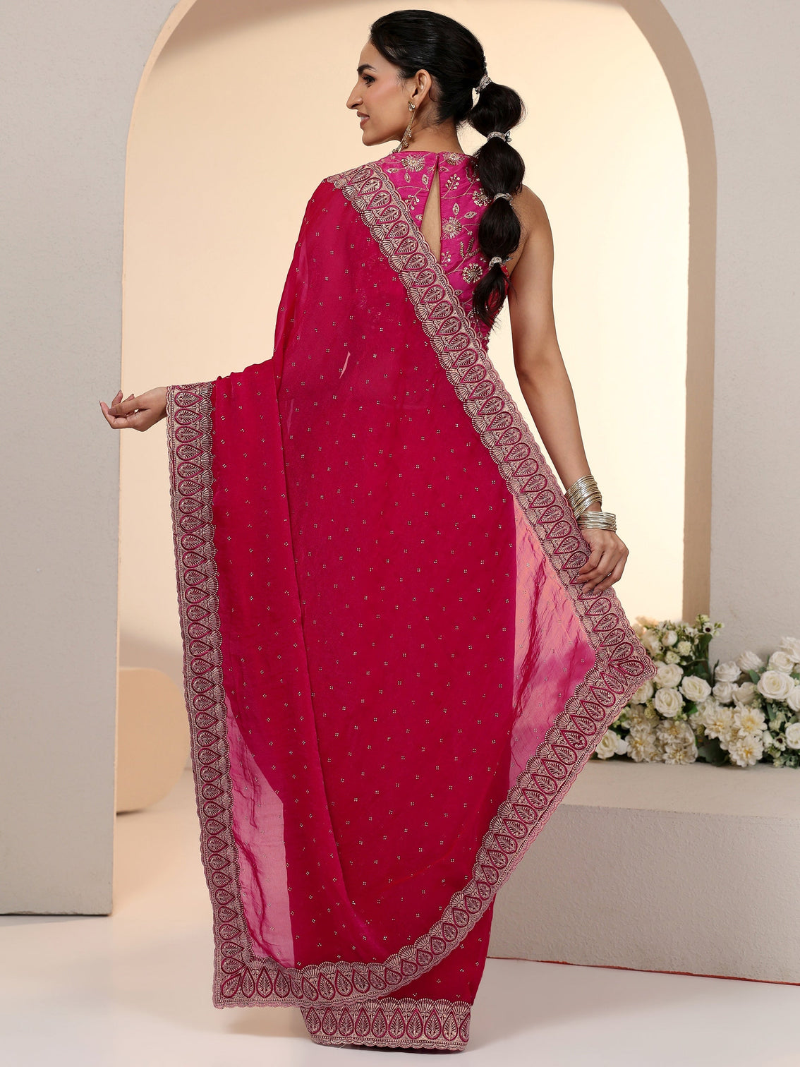 Mameraa Fuchsia Pink Stone Work Striped Embellished Tissue Saree