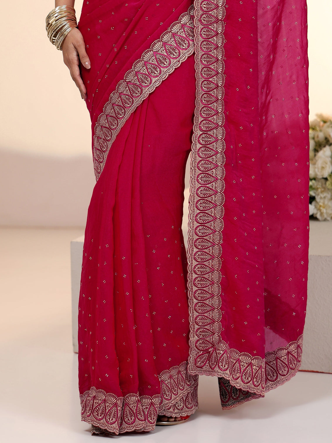 Mameraa Fuchsia Pink Stone Work Striped Embellished Tissue Saree