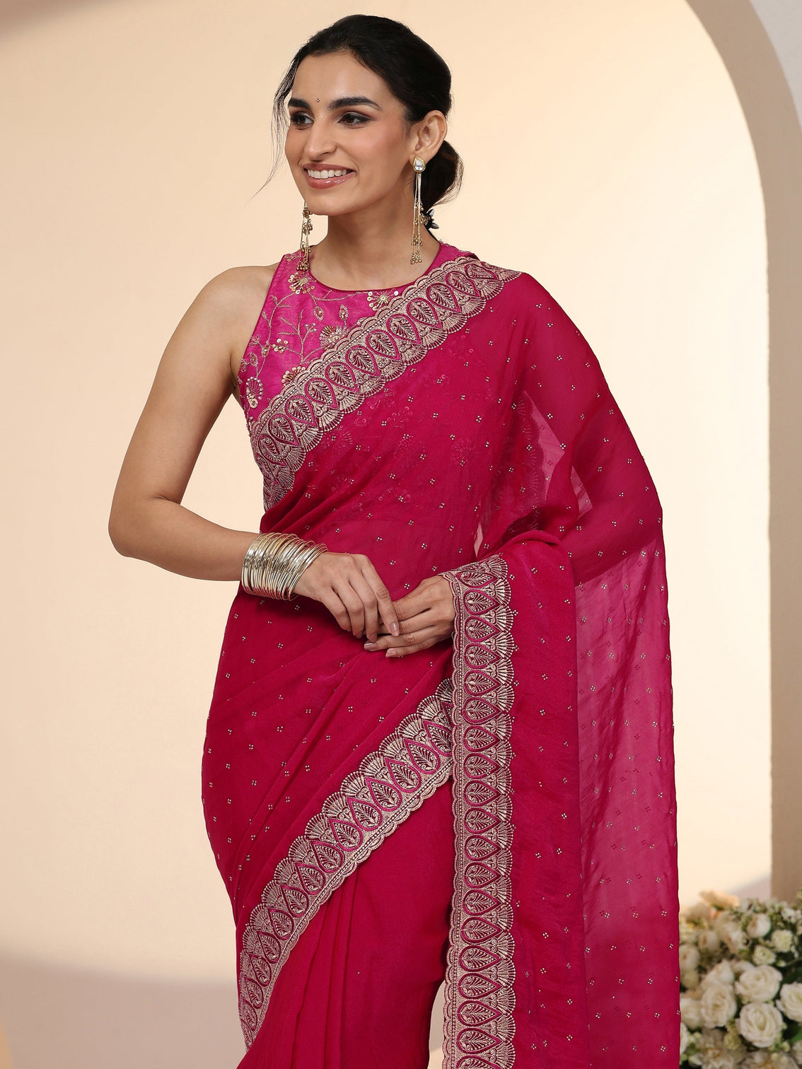 Mameraa Fuchsia Pink Stone Work Striped Embellished Tissue Saree