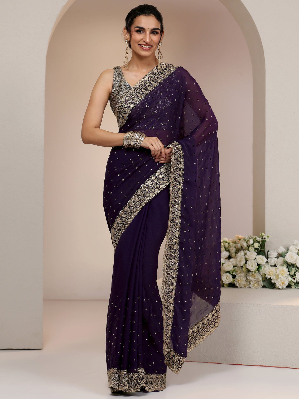 Mameraa Amethyst Purple Tissue Saree with Floral Embellishments