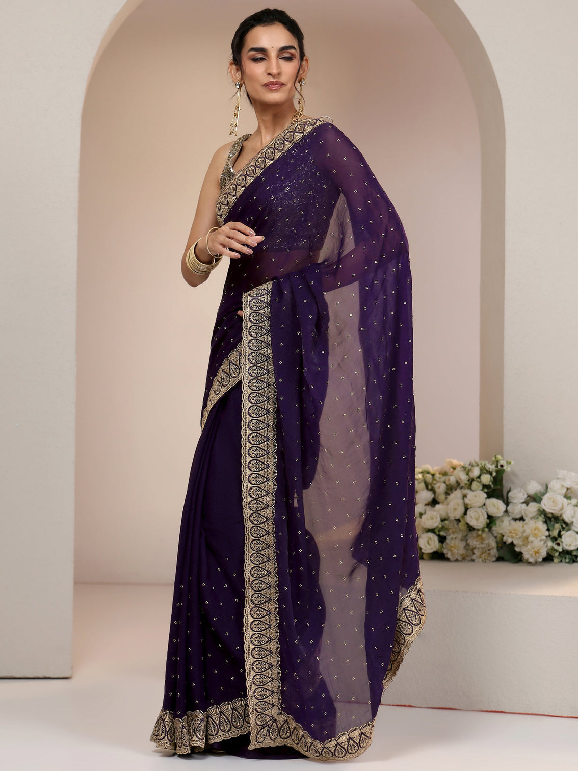 Mameraa Amethyst Purple Tissue Saree with Floral Embellishments
