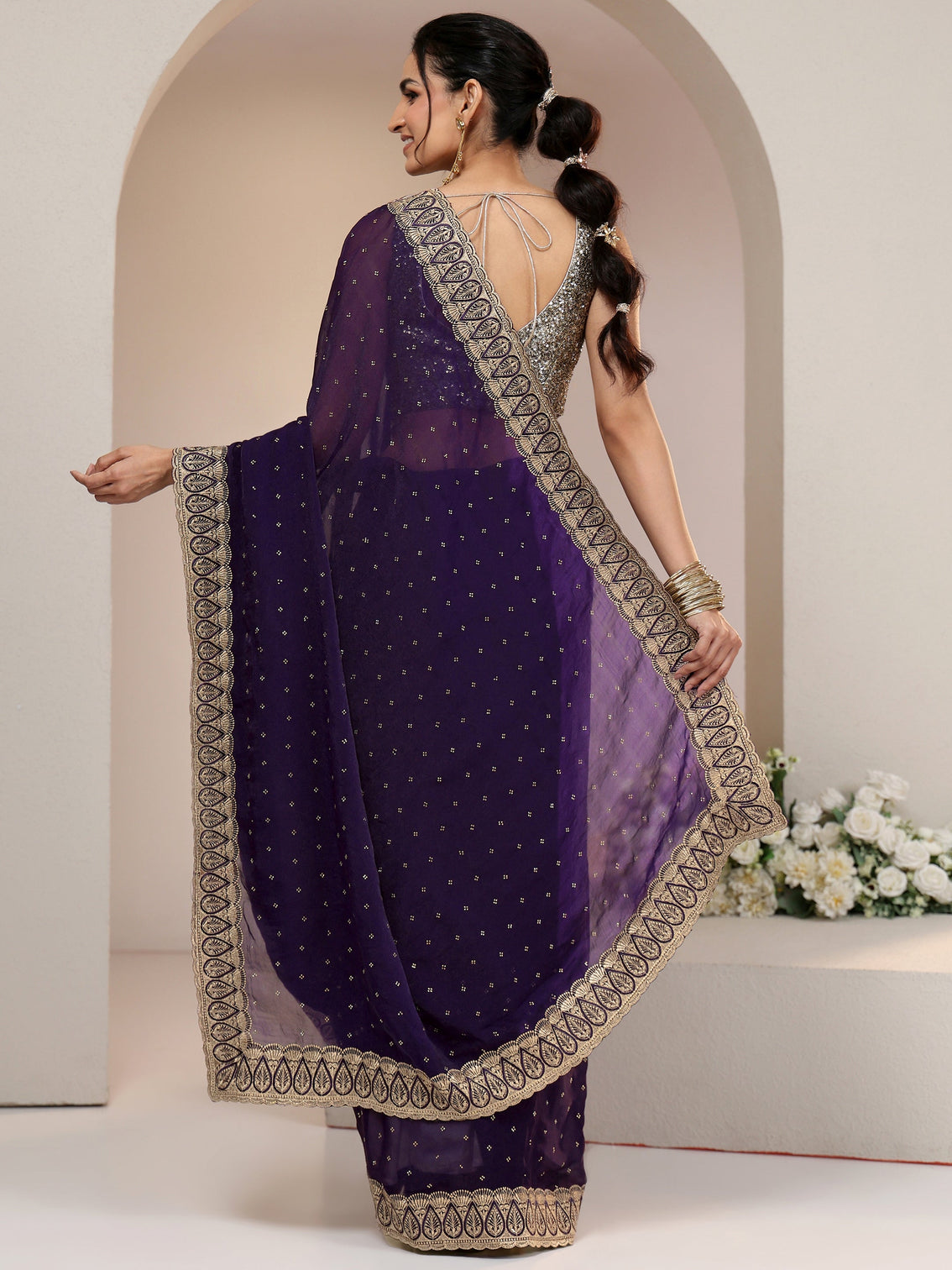 Mameraa Amethyst Purple Tissue Saree with Floral Embellishments