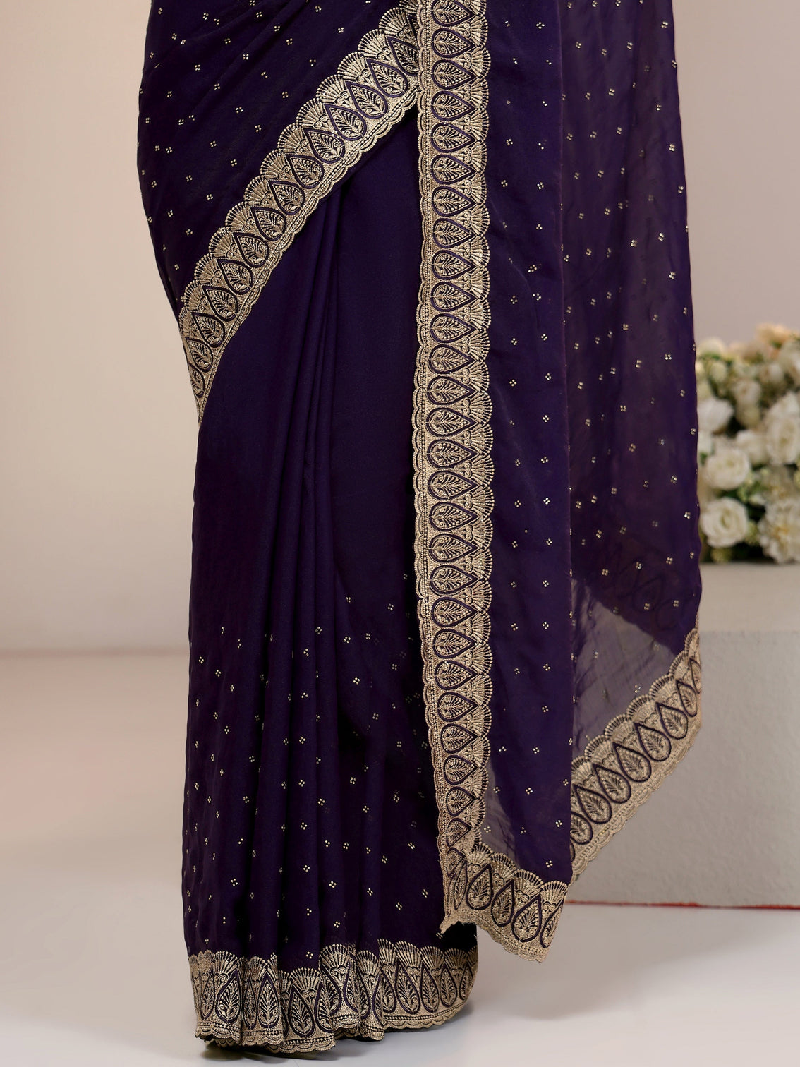 Mameraa Amethyst Purple Tissue Saree with Floral Embellishments
