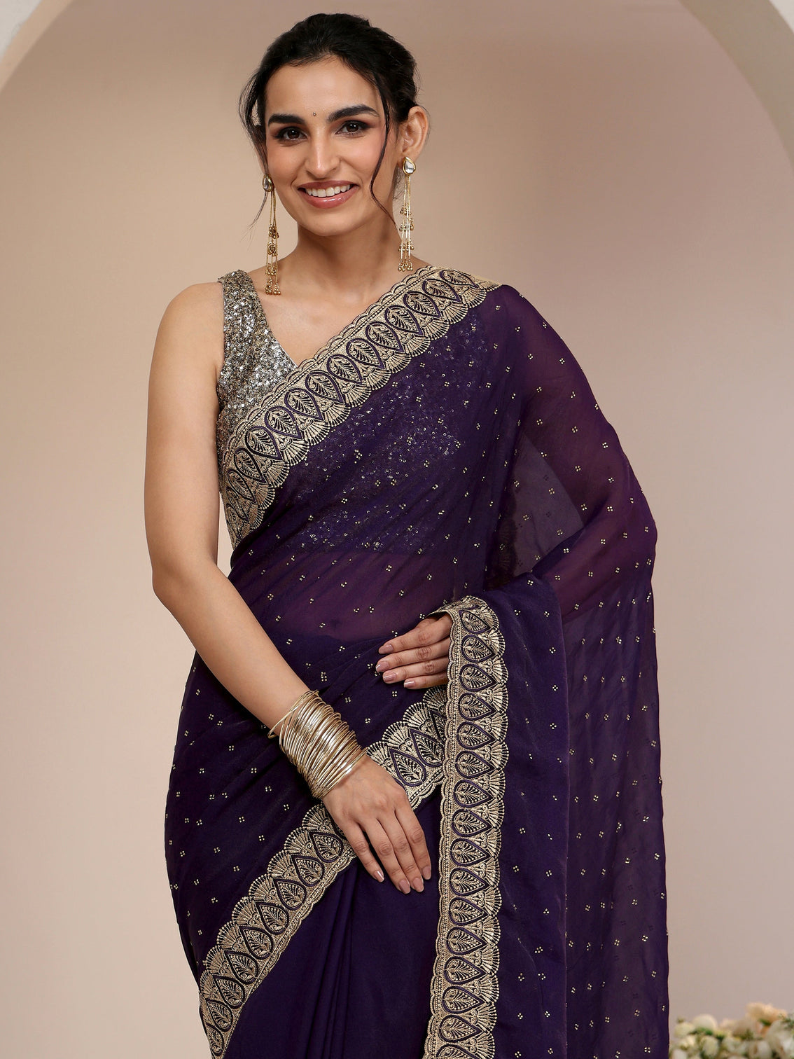 Mameraa Amethyst Purple Tissue Saree with Floral Embellishments